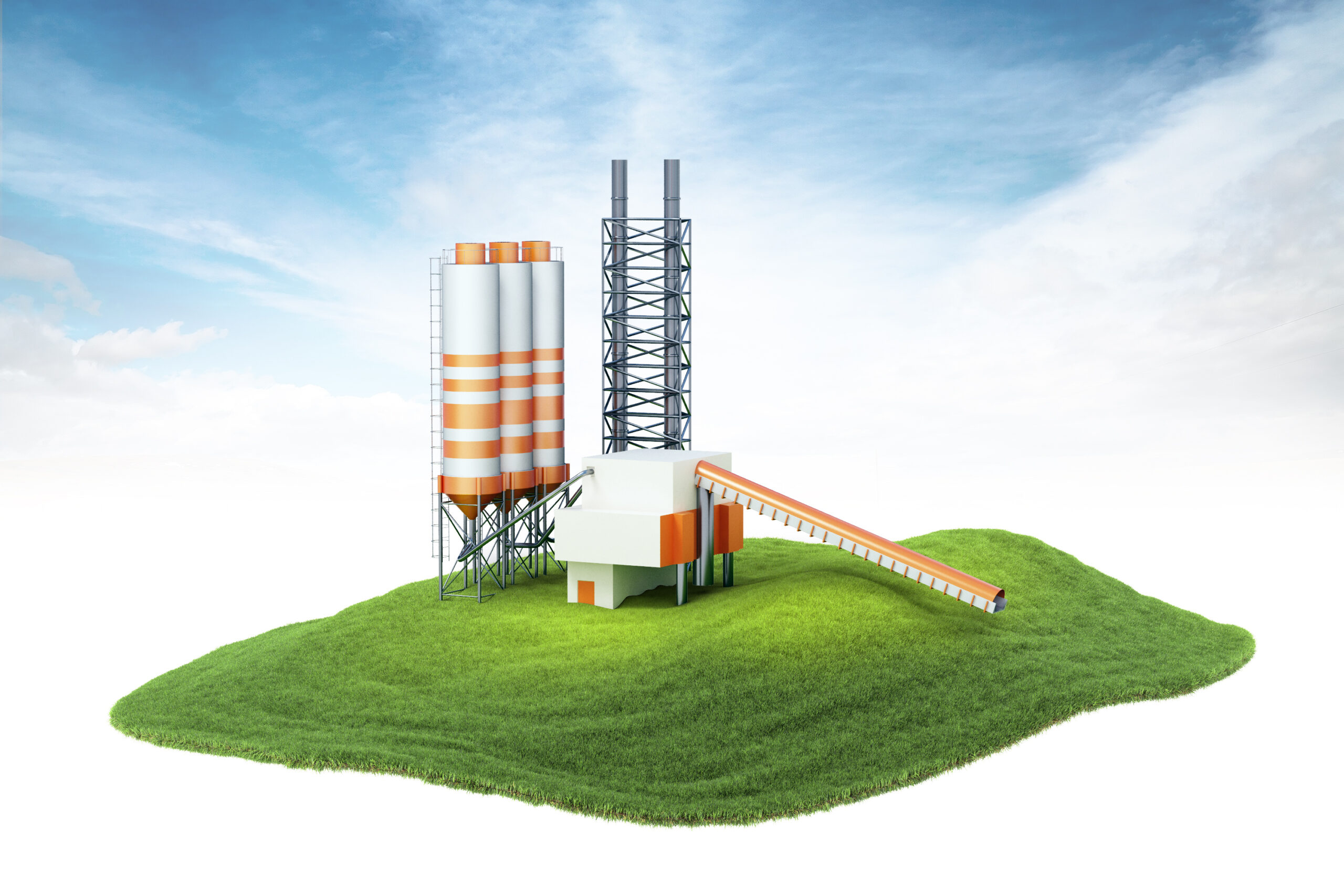 graphic of an orange and white cement plant on a floating patch of grass